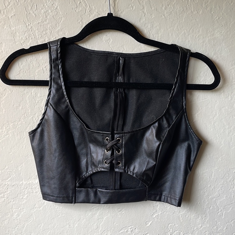 Black Vegan Leather Cutout Top